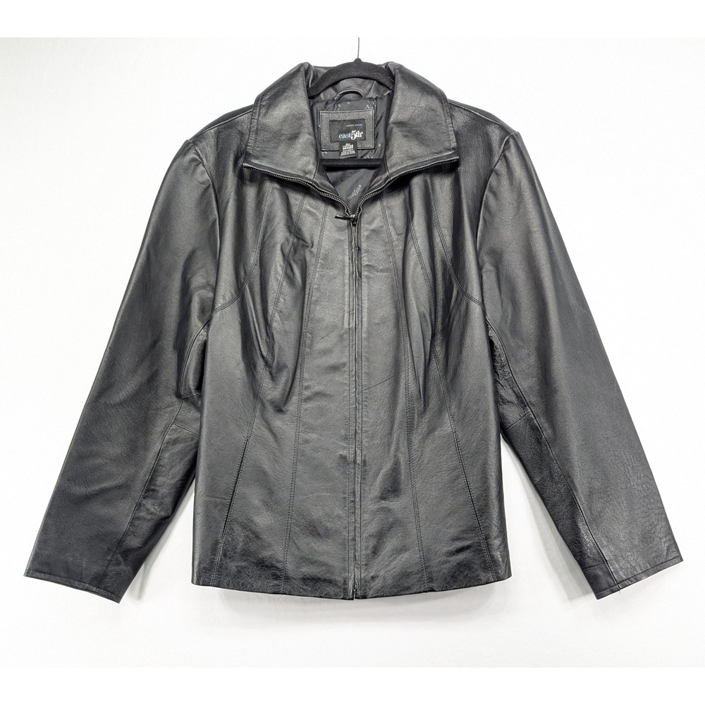 East 5th Womens Black Genuine Leather Full Zip‎ Wing Collar Jacket Plus Size 1X